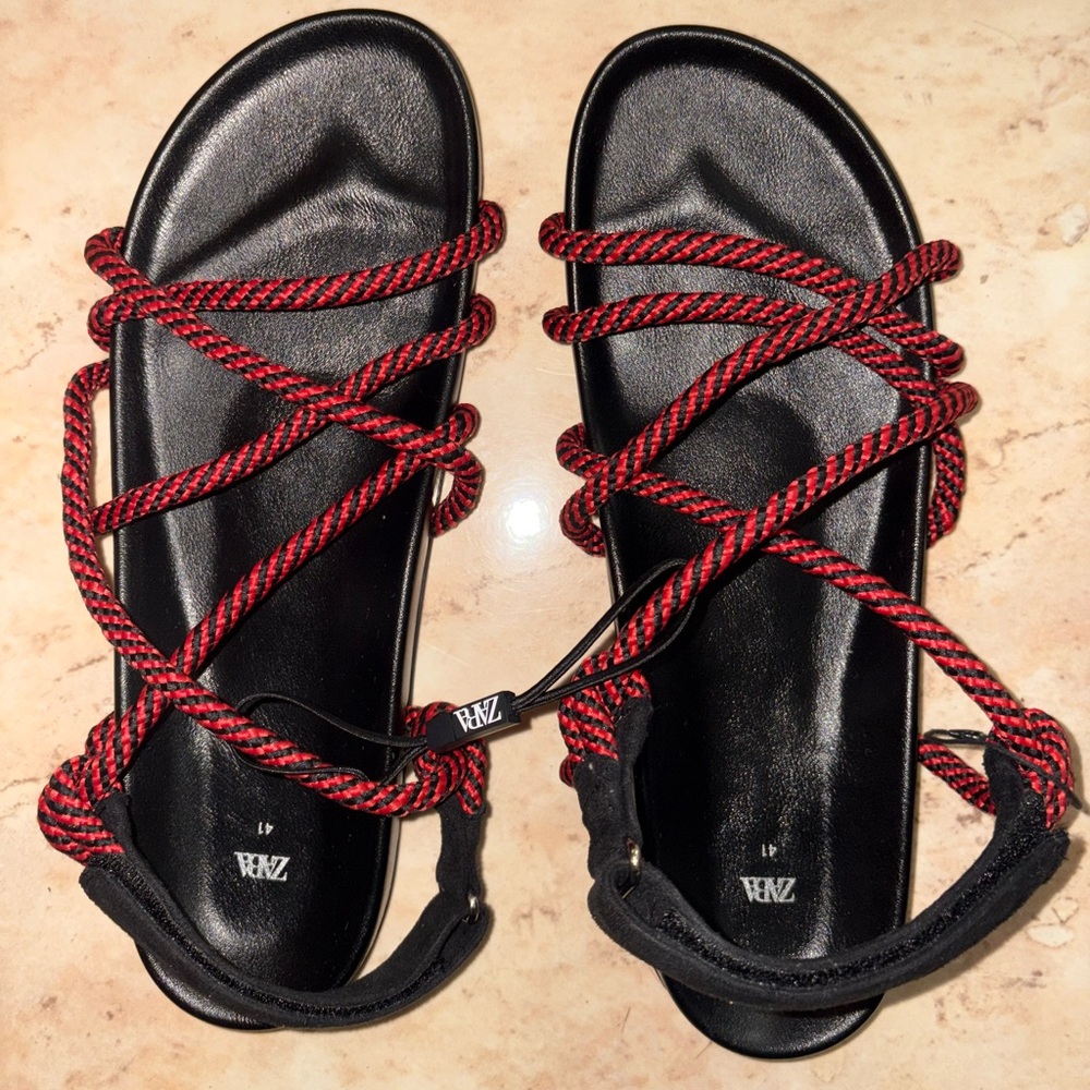 Zara Black Sandals with Red Rope Straps